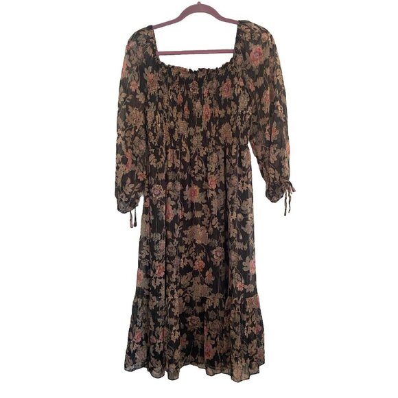 LC Lauren Conrad Dresses & Skirts - LAUREN CONRAD Smocked Off Shoulder Midi Dress Black Floral Boho Medium